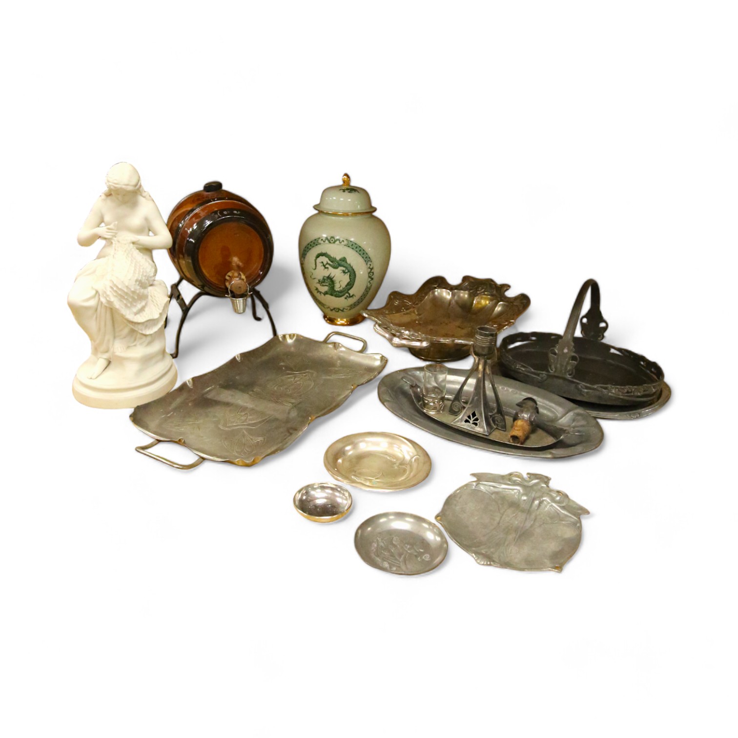 A Parian porcelain figure of a girl mending a fishing net, a Carltonware jar and cover, a “Pedestrian Barrelette” on stand and thirteen various Art Nouveau metal trays, dishes and candlestick including WMF etc, largest t